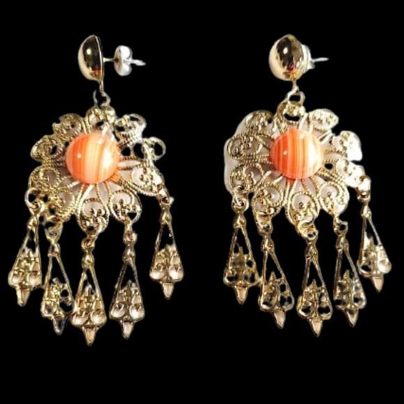 ๐๐ Vintage Coral & Gold Plated Integrate Design Dangle Earrings - Picture 3 of 4